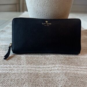 kate spade Black Pebbled Zip-Around Leather Wallet with Gold Logo